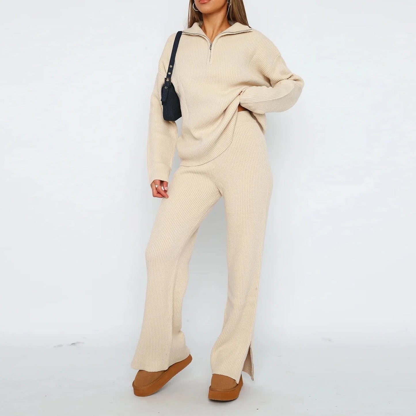 Women | Ribbed Knit Sweater & Flared Pants Set | Chic Winter Loungewear | Zip Collar