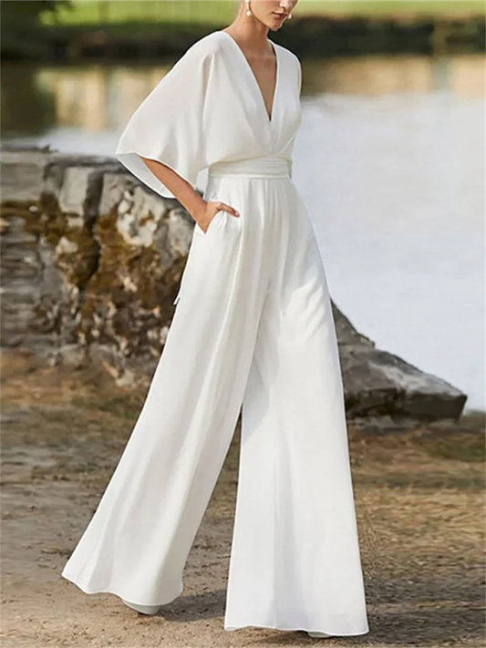 Women | V-Neck Jumpsuit | Wide-Leg | Batwing Sleeve | Elegant Casual