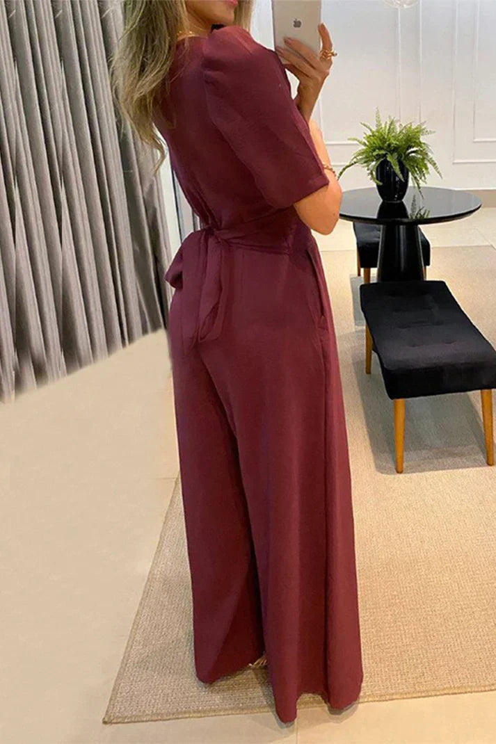 Women | V-Neck Jumpsuit | Wide-Leg | Short Sleeve | Elegant Casual