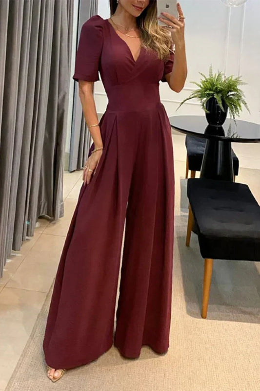 Women | V-Neck Jumpsuit | Wide-Leg | Short Sleeve | Elegant Casual