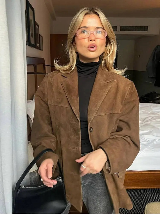 Women | Oversized Trenchcoat | Wide Lapel | Long Sleeve | Suede-Look Finish | Casual Elegant
