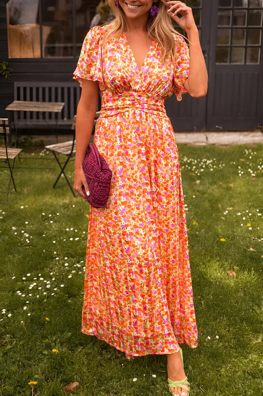 Long Women's Dress | Colorful Floral Print | Fitted Waist & Flowing Cut for Summer
