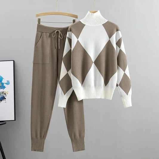 Women | Knit Sweater & Pants Set | Argyle Pattern | Turtleneck | Casual Winter Outfit