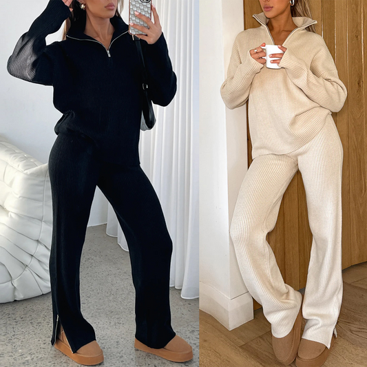 Women | Ribbed Knit Sweater & Flared Pants Set | Chic Winter Loungewear | Zip Collar