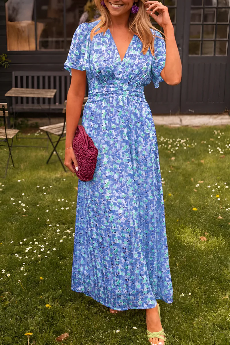 Long Women's Dress | Colorful Floral Print | Fitted Waist & Flowing Cut for Summer