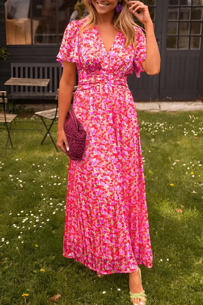 Long Women's Dress | Colorful Floral Print | Fitted Waist & Flowing Cut for Summer