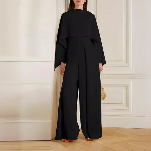 Women | Wide-Leg Jumpsuit | Elegant Cape Overlay | Empire Waist | Formal Party Outfit