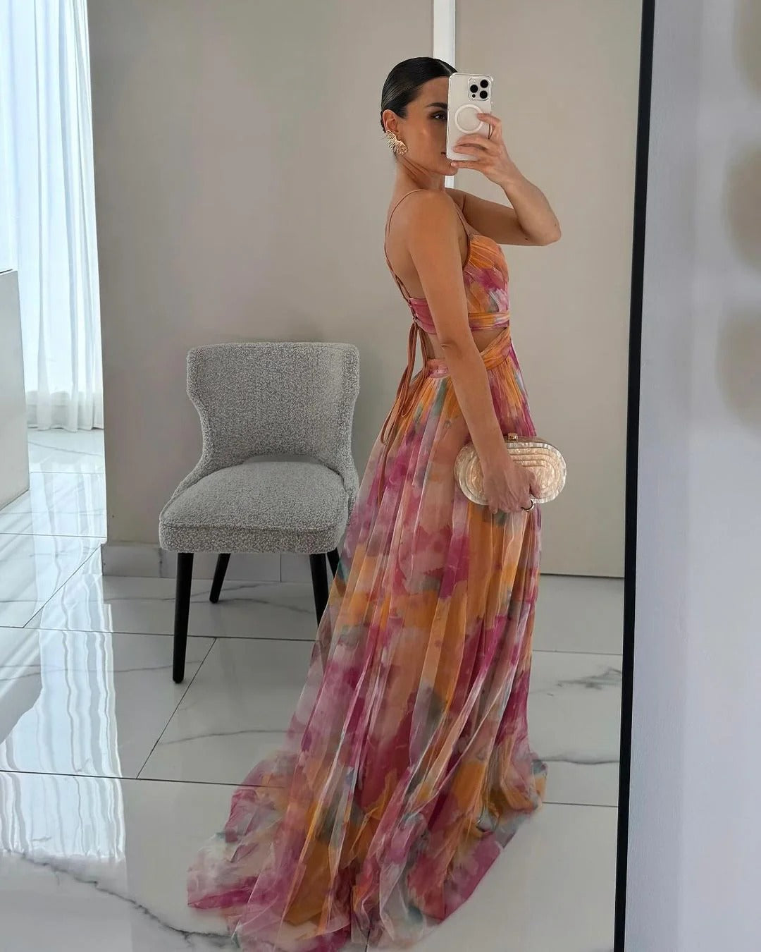 Long Women's Dress | Elegant Floral Pattern | Thin Straps | Flowing Fabric