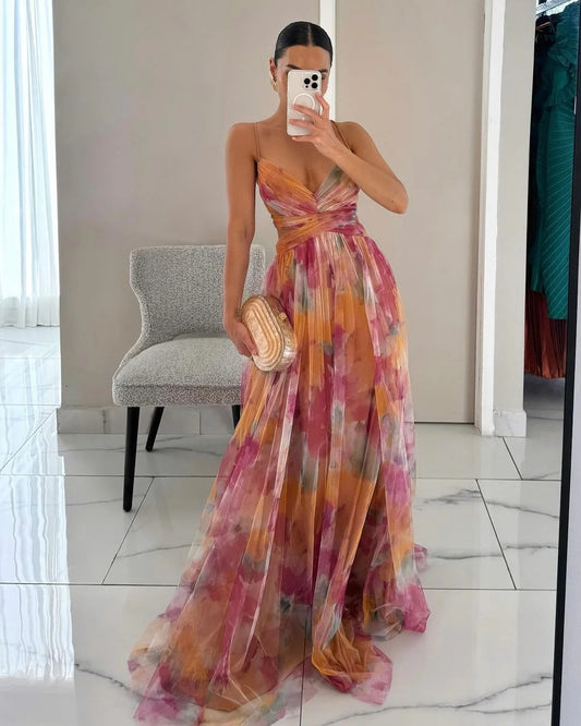 Long Women's Dress | Elegant Floral Pattern | Thin Straps | Flowing Fabric