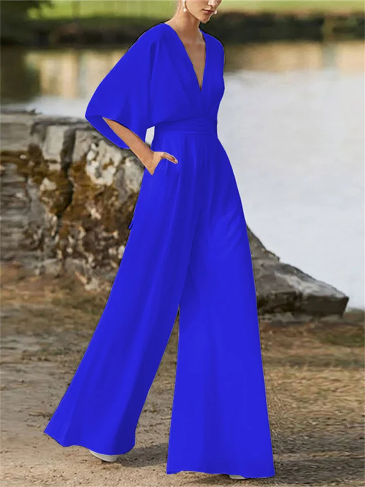 Women | V-Neck Jumpsuit | Wide-Leg | Batwing Sleeve | Elegant Casual