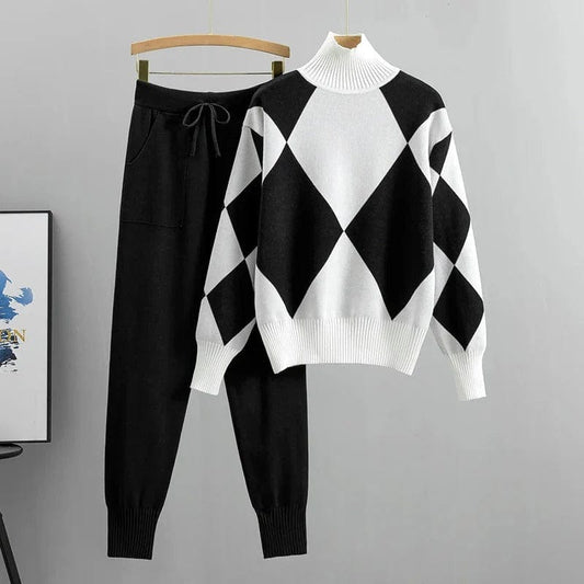 Women | Knit Sweater & Pants Set | Argyle Pattern | Turtleneck | Casual Winter Outfit