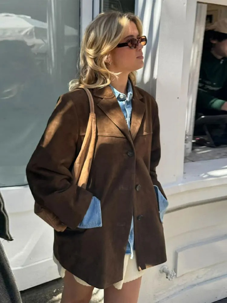 Women | Oversized Trenchcoat | Wide Lapel | Long Sleeve | Suede-Look Finish | Casual Elegant