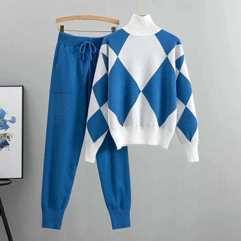 Women | Knit Sweater & Pants Set | Argyle Pattern | Turtleneck | Casual Winter Outfit