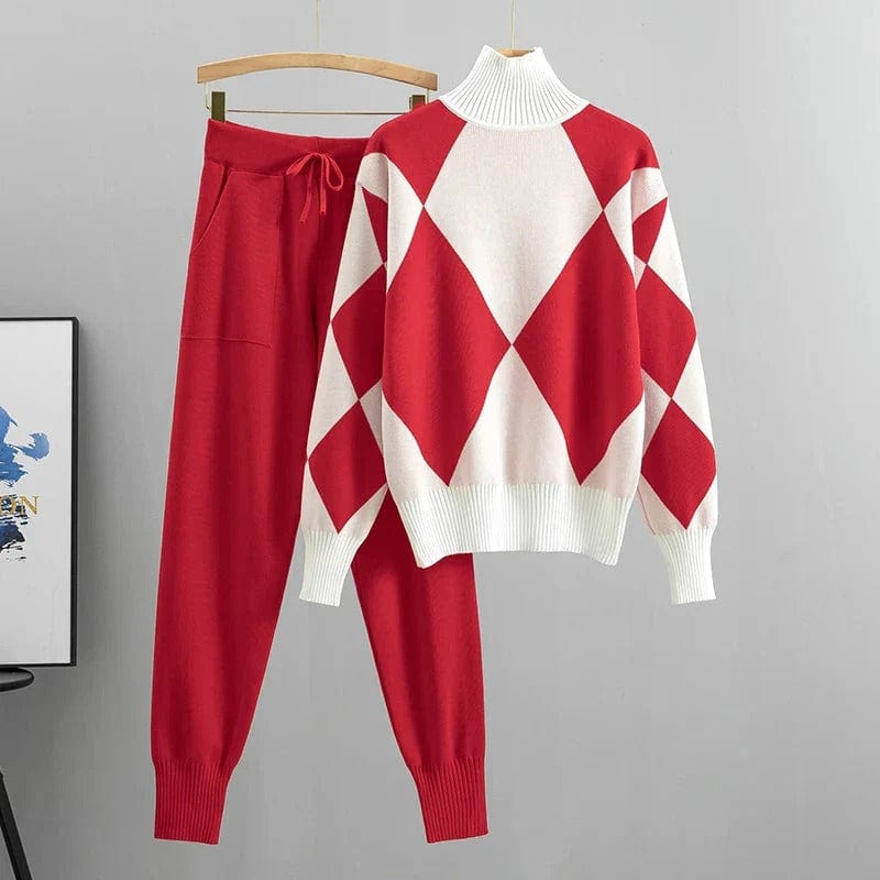 Women | Knit Sweater & Pants Set | Argyle Pattern | Turtleneck | Casual Winter Outfit