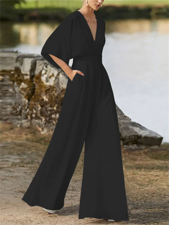 Women | V-Neck Jumpsuit | Wide-Leg | Batwing Sleeve | Elegant Casual
