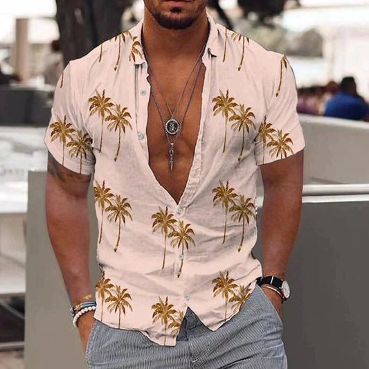 Short-Sleeve Shirt with Palm Pattern and Button Closure for Men | Ideal for Summer