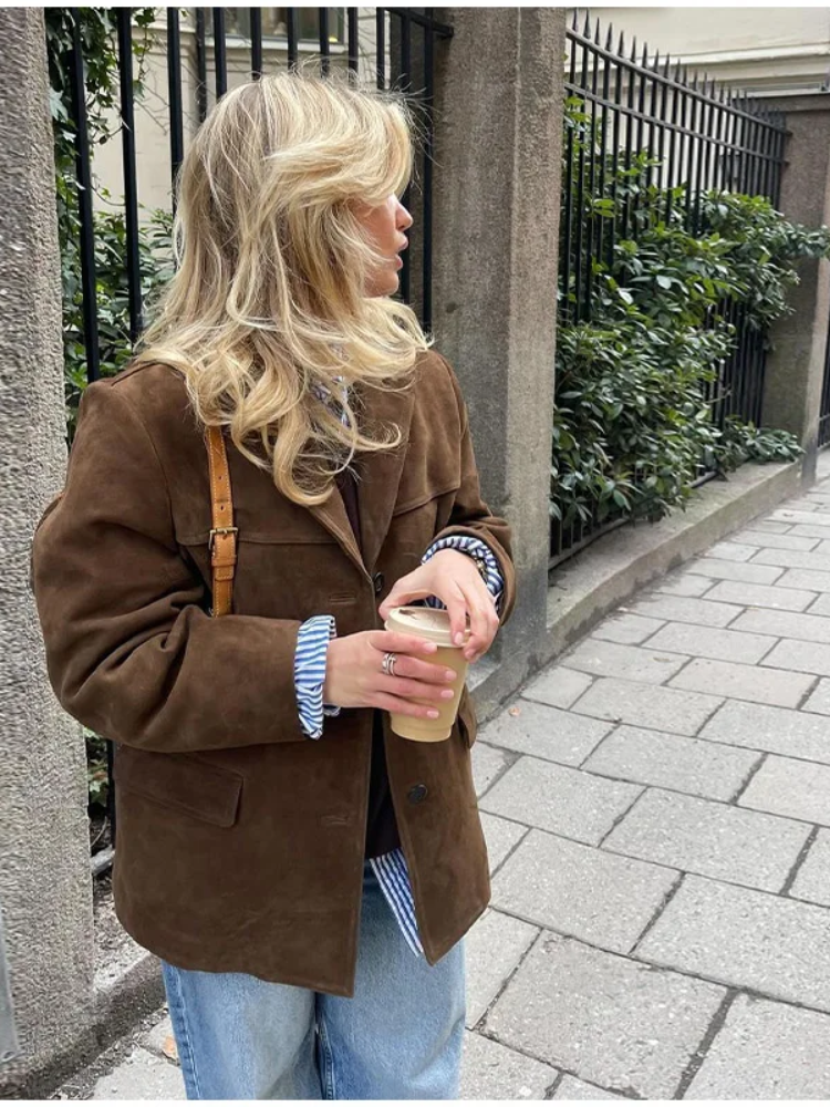 Women | Oversized Trenchcoat | Wide Lapel | Long Sleeve | Suede-Look Finish | Casual Elegant