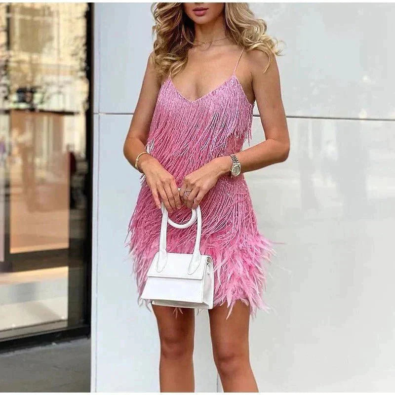 Short Dress with Feather Details for Women | Ideal for Parties and Special Events