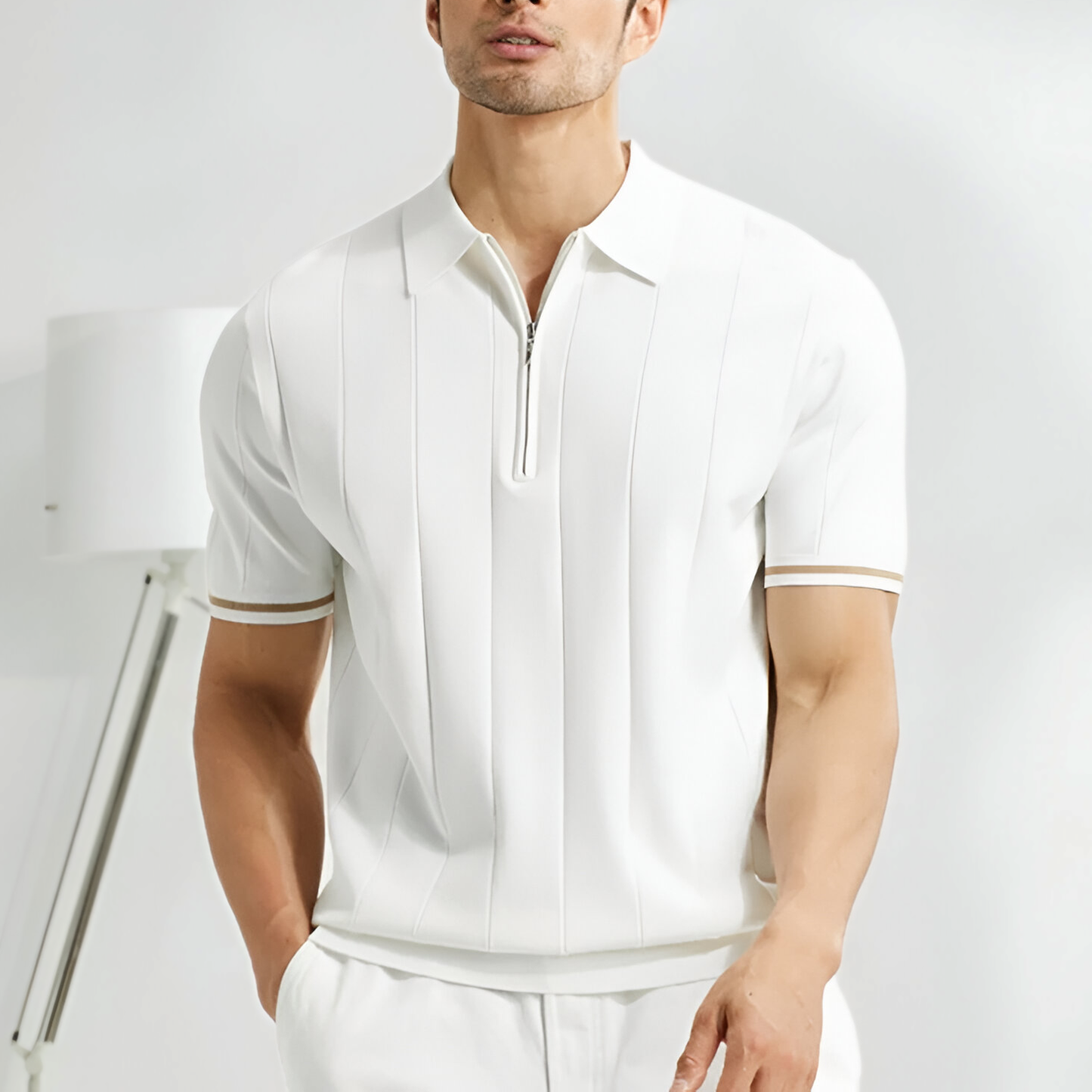 Short-Sleeve Polo with Zipper Closure and Striped Details for Men | Ideal for Everyday Wear