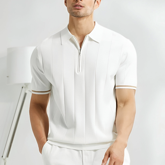 Short-Sleeve Polo with Zipper Closure and Striped Details for Men | Ideal for Everyday Wear