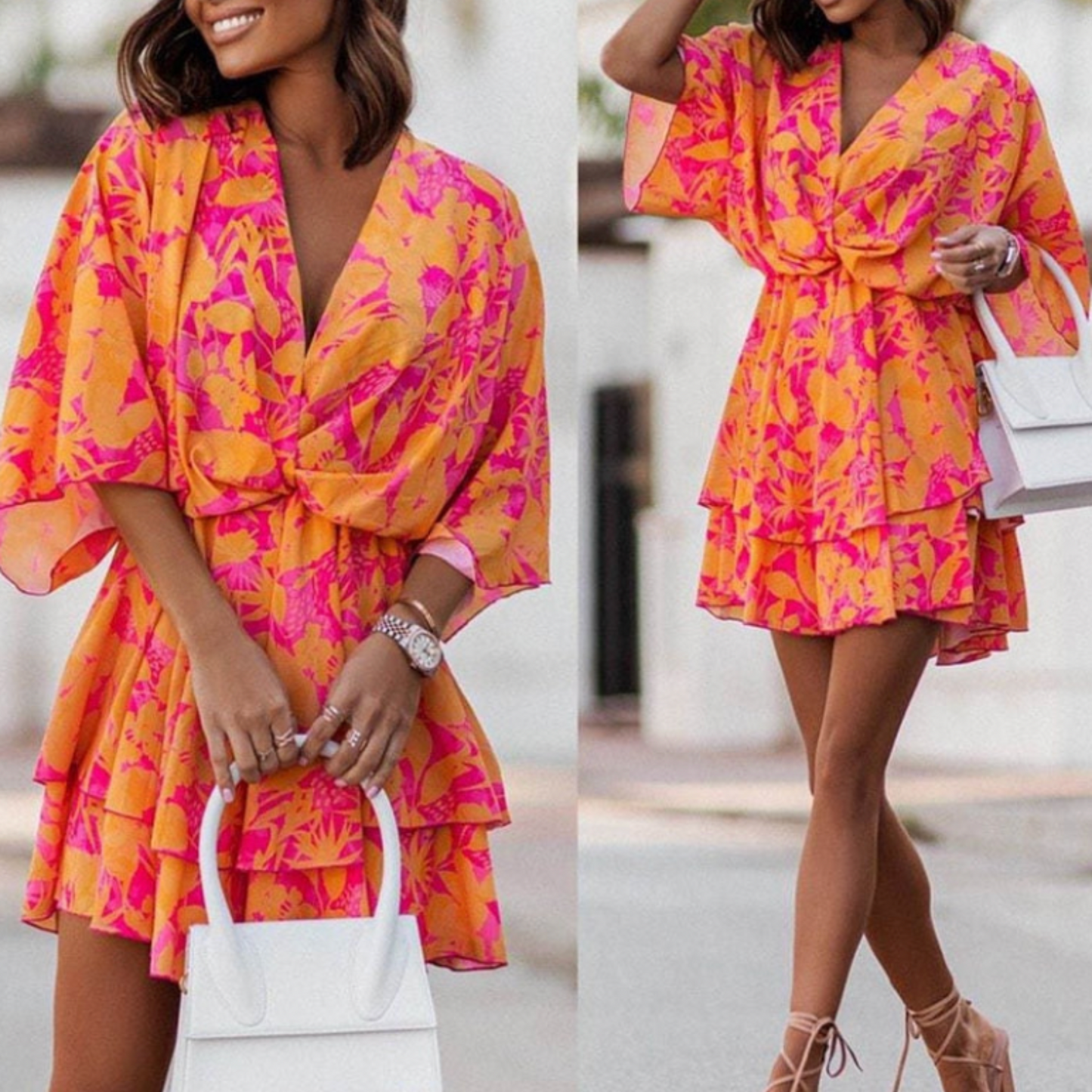 Women | Mini Dress | Loose Fit | V-Neck | Layered Hem | Casual Chic