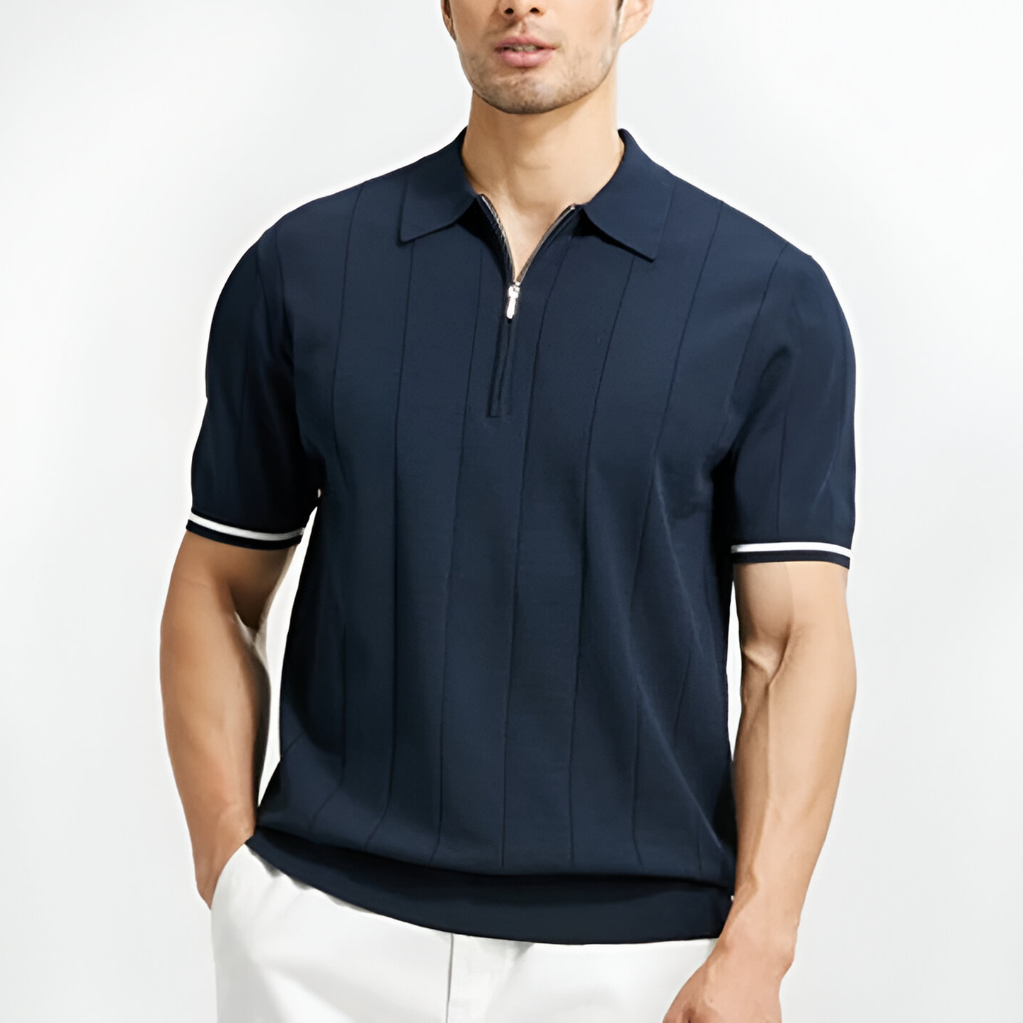 Short-Sleeve Polo with Zipper Closure and Striped Details for Men | Ideal for Everyday Wear