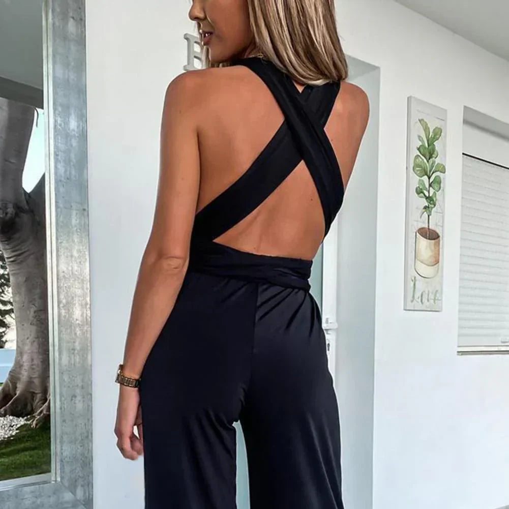 Women | Sleeveless Jumpsuit | V-Neck | Pleated Waist | Belted | Wide-Leg