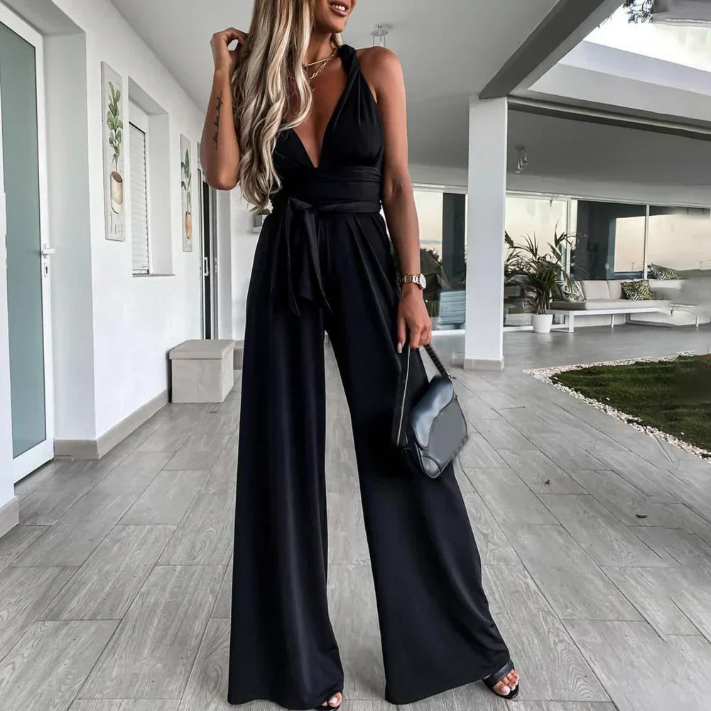 Women | Sleeveless Jumpsuit | V-Neck | Pleated Waist | Belted | Wide-Leg