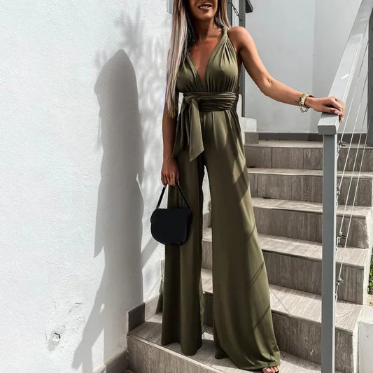 Women | Sleeveless Jumpsuit | V-Neck | Pleated Waist | Belted | Wide-Leg