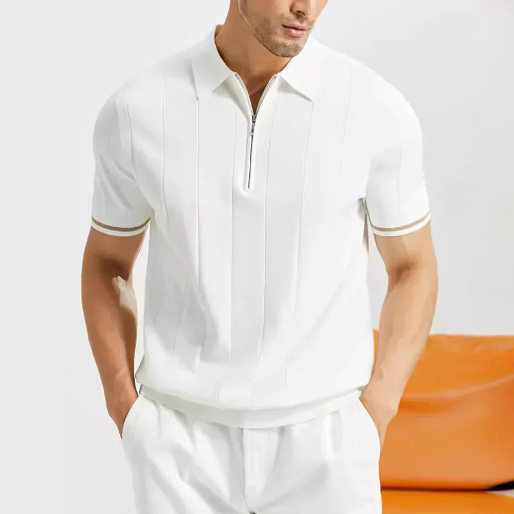 Short-Sleeve Polo with Zipper Closure and Striped Details for Men | Ideal for Everyday Wear