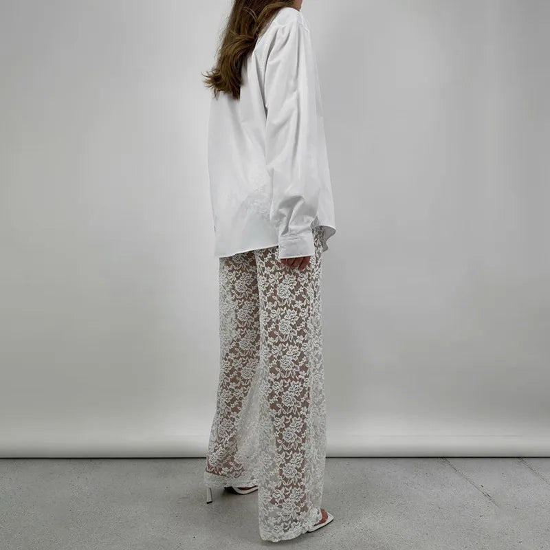 Women | Lace Pants | High Waist | Sheer Floral | Straight Leg | Party Night Out