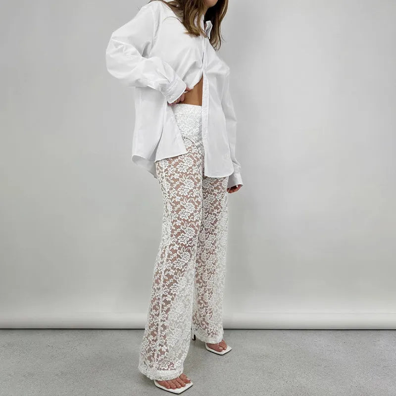 Women | Lace Pants | High Waist | Sheer Floral | Straight Leg | Party Night Out