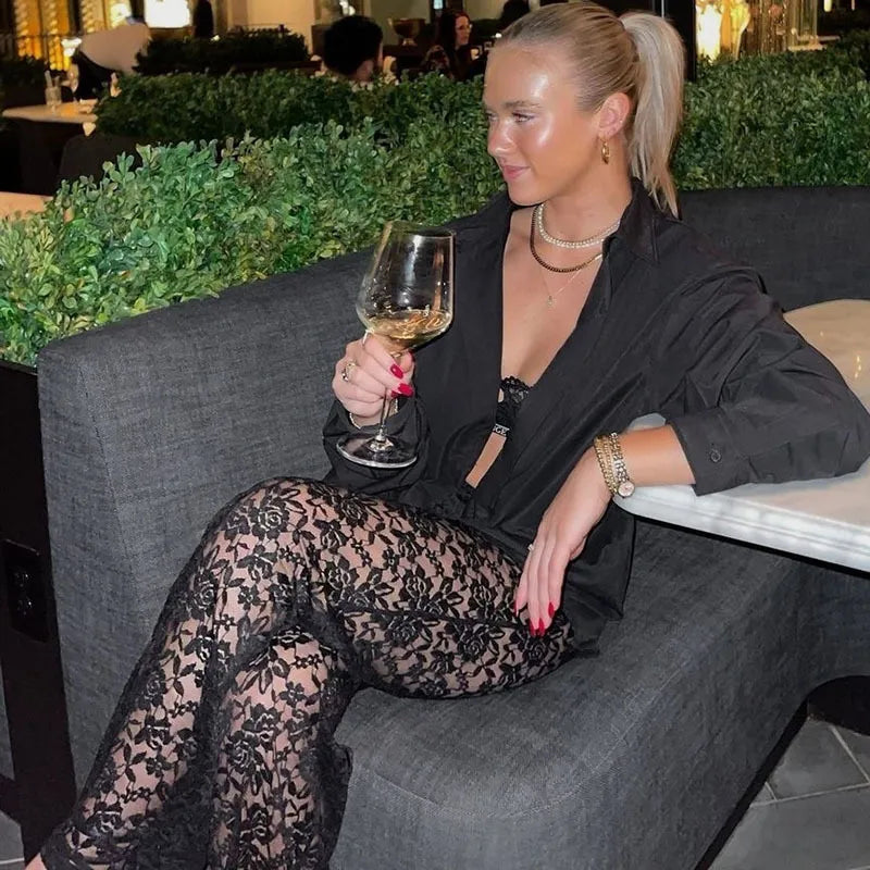 Women | Lace Pants | High Waist | Sheer Floral | Straight Leg | Party Night Out