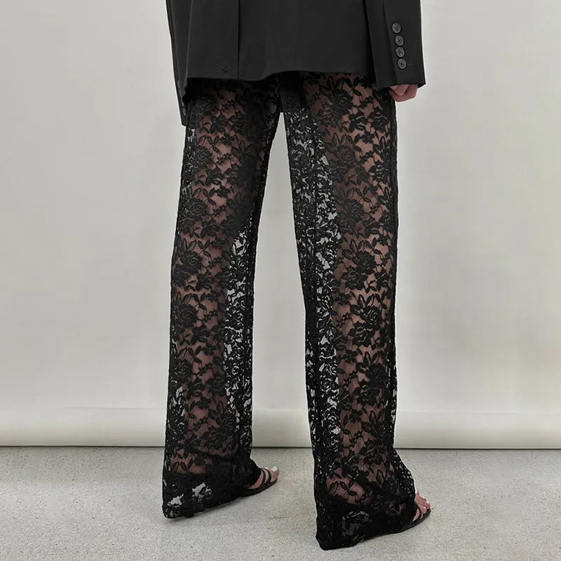 Women | Lace Pants | High Waist | Sheer Floral | Straight Leg | Party Night Out