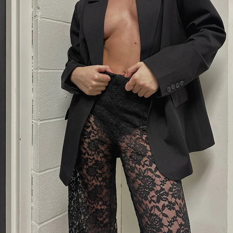 Women | Lace Pants | High Waist | Sheer Floral | Straight Leg | Party Night Out