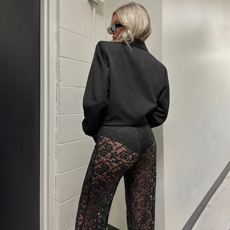 Women | Lace Pants | High Waist | Sheer Floral | Straight Leg | Party Night Out