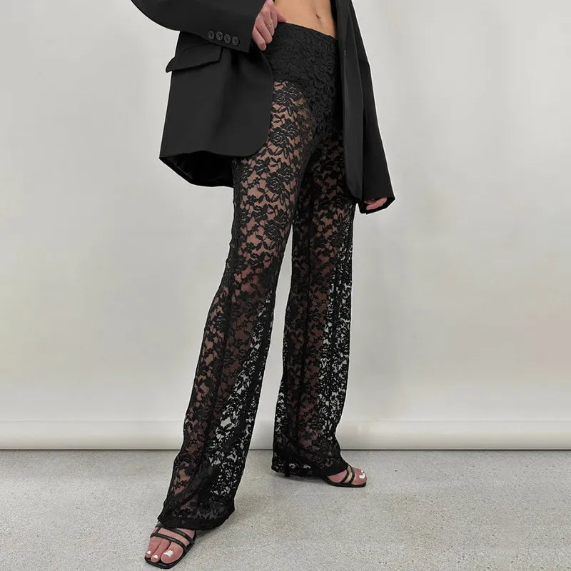 Women | Lace Pants | High Waist | Sheer Floral | Straight Leg | Party Night Out