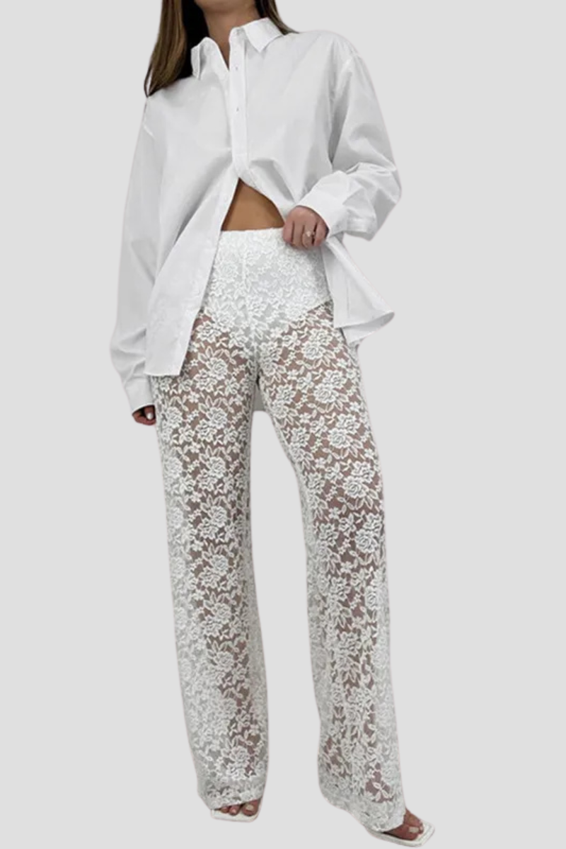 Women | Lace Pants | High Waist | Sheer Floral | Straight Leg | Party Night Out