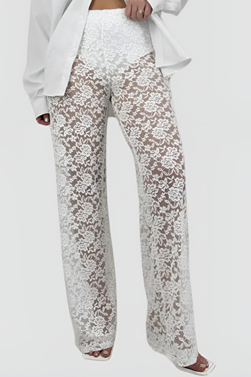 Women | Lace Pants | High Waist | Sheer Floral | Straight Leg | Party Night Out