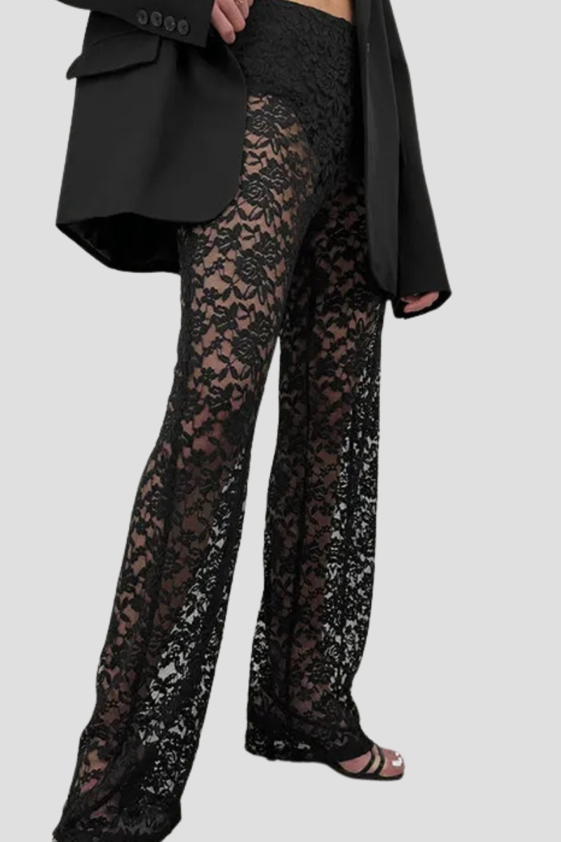 Women | Lace Pants | High Waist | Sheer Floral | Straight Leg | Party Night Out