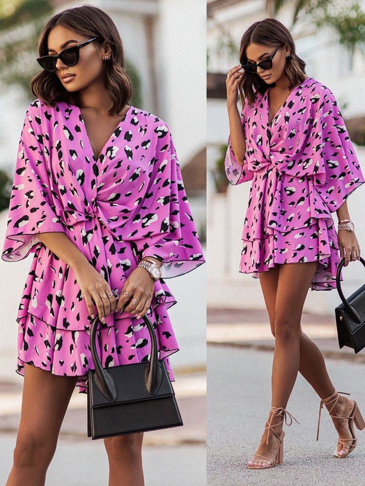 Women | Mini Dress | Loose Fit | V-Neck | Layered Hem | Casual Chic