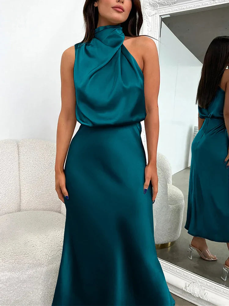 Women | Satin look Midi Dress | High Neck | Draped Top | Elegant Evening | Asymmetrical Detail