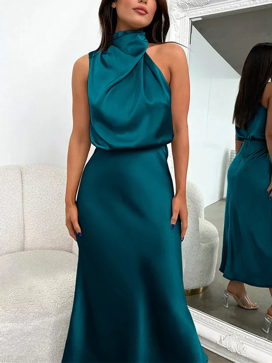 Women | Satin look Midi Dress | High Neck | Draped Top | Elegant Evening | Asymmetrical Detail