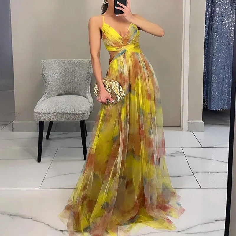Long Women's Dress | Elegant Floral Pattern | Thin Straps | Flowing Fabric