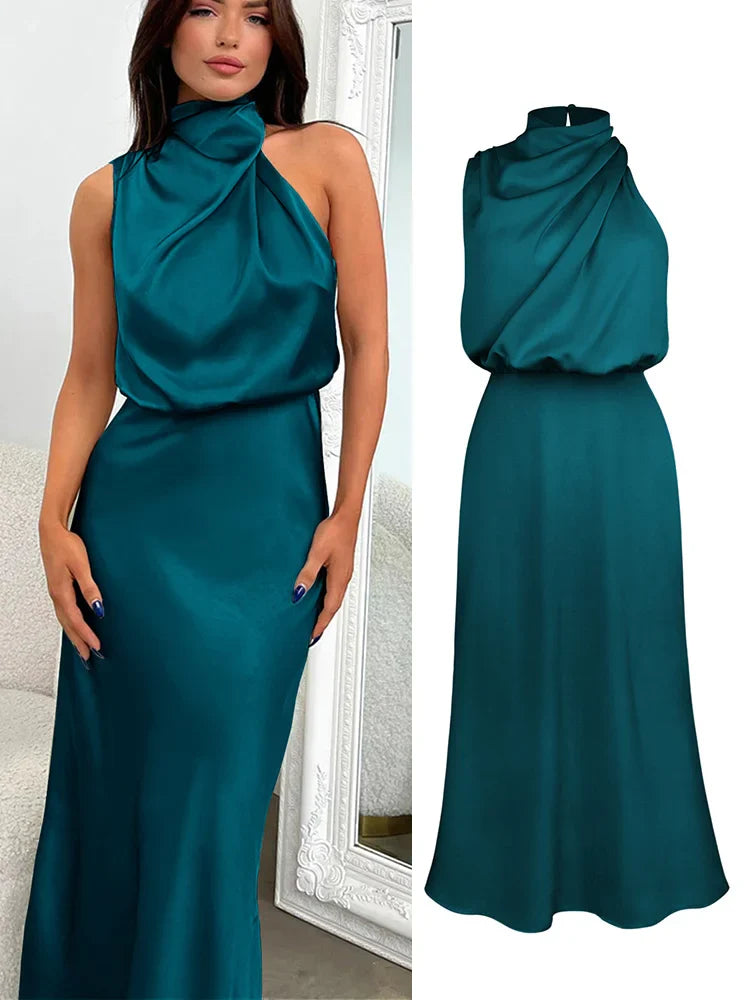 Women | Satin look Midi Dress | High Neck | Draped Top | Elegant Evening | Asymmetrical Detail