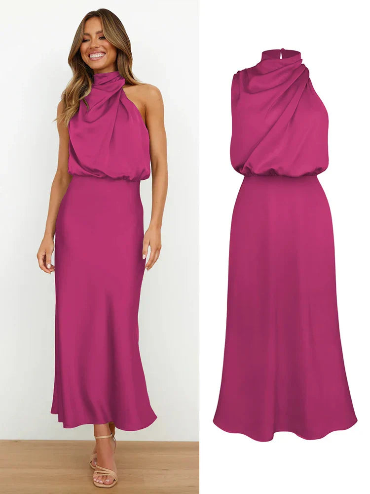 Women | Satin look Midi Dress | High Neck | Draped Top | Elegant Evening | Asymmetrical Detail