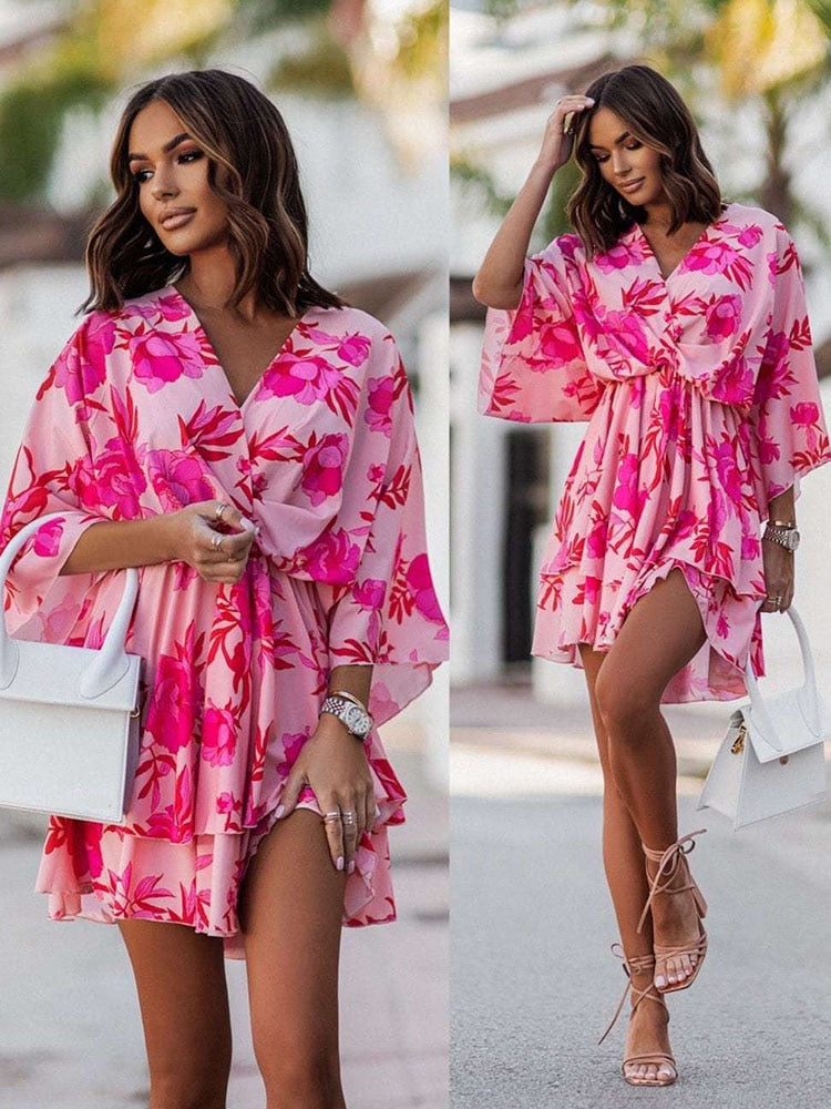 Women | Mini Dress | Loose Fit | V-Neck | Layered Hem | Casual Chic