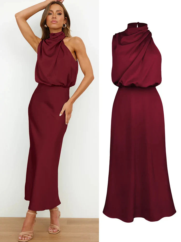 Women | Satin look Midi Dress | High Neck | Draped Top | Elegant Evening | Asymmetrical Detail