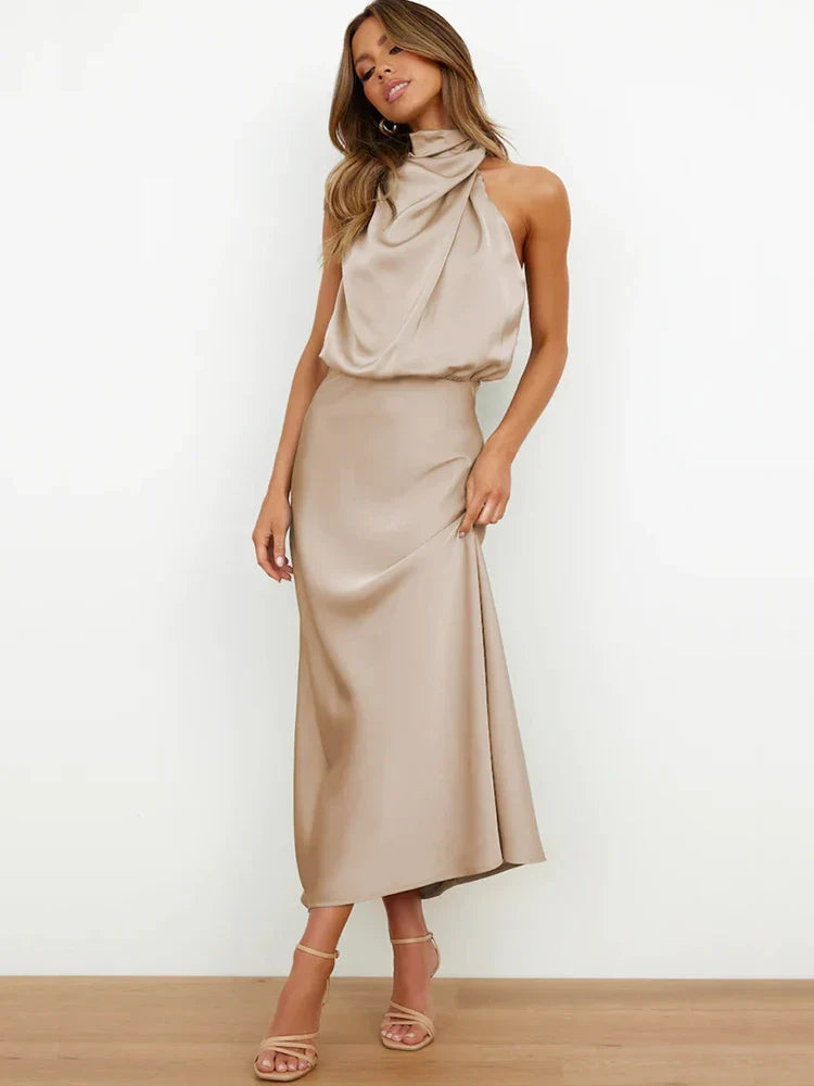 Women | Satin look Midi Dress | High Neck | Draped Top | Elegant Evening | Asymmetrical Detail