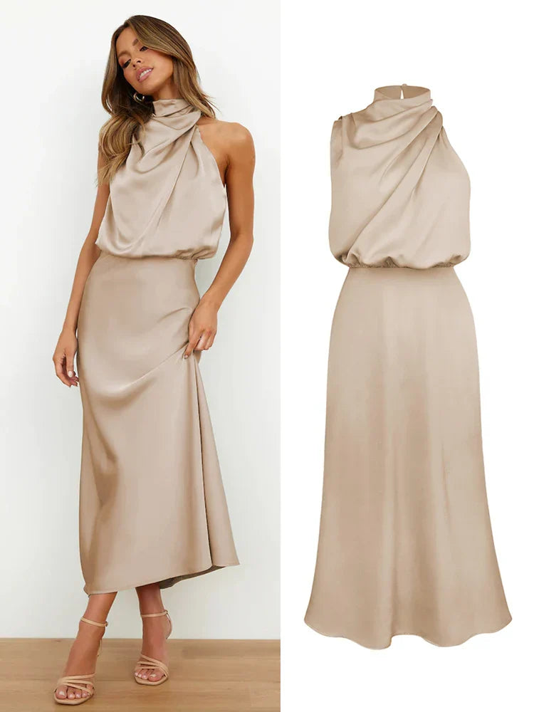 Women | Satin look Midi Dress | High Neck | Draped Top | Elegant Evening | Asymmetrical Detail